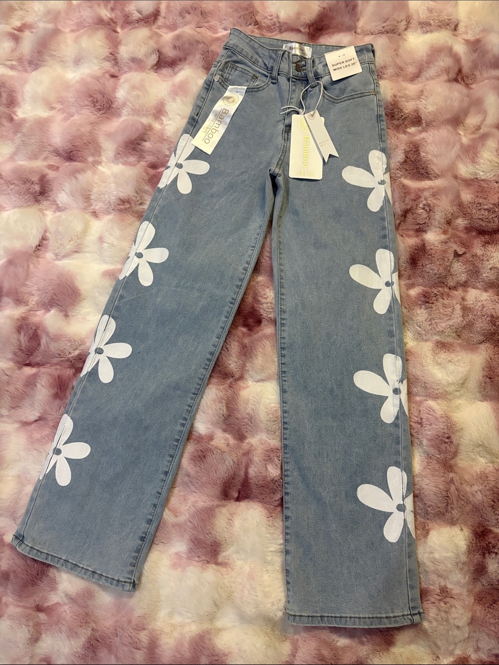 NWT BAMBOO Light Blue Straight Jeans with White Floral Side Print